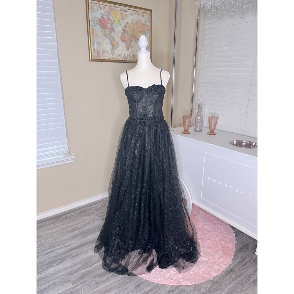 Women’s Champagne spaghetti strap Glitter tulle prom dress
